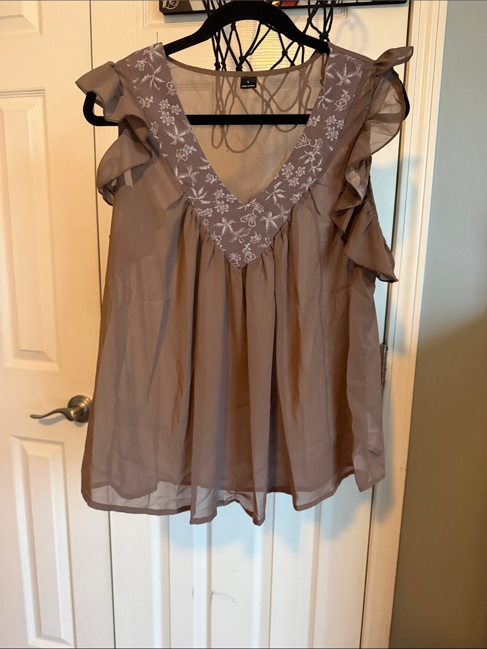 Women’s Taupe Ruffle V-Neck Blouse with Embroidered Yoke